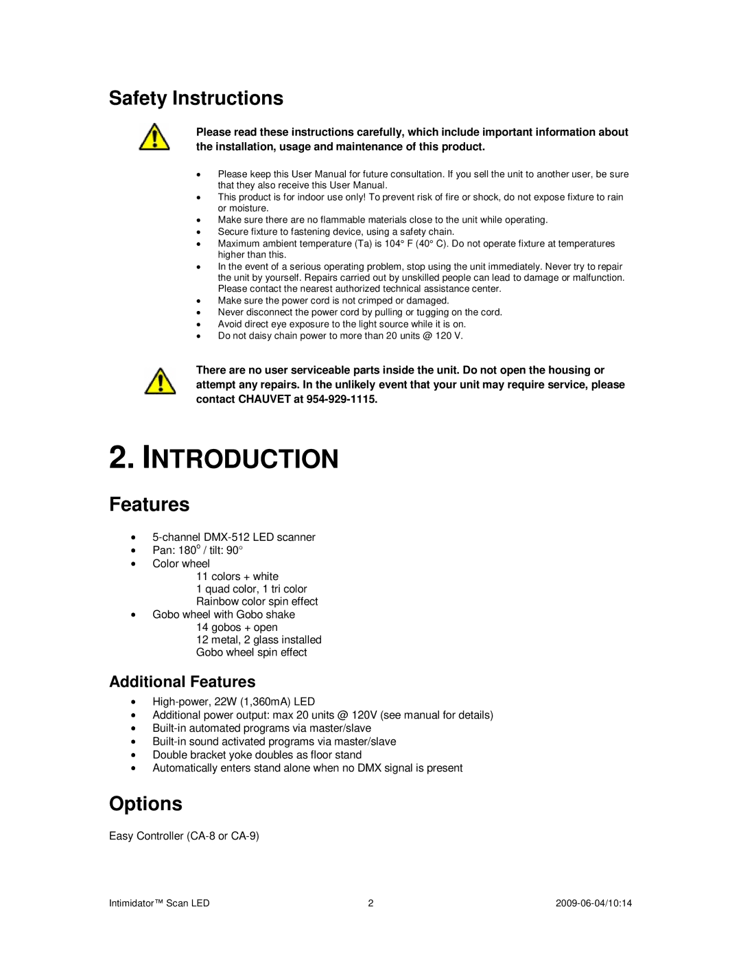 Chauvet a 2009-06-04, 10:14 user manual Introduction, Safety Instructions, Options, Additional Features 