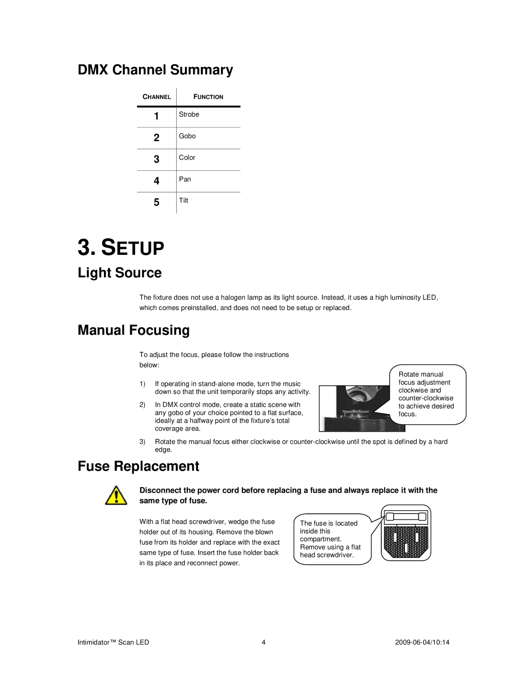 Chauvet a 2009-06-04, 10:14 user manual Setup, DMX Channel Summary, Light Source, Manual Focusing, Fuse Replacement 