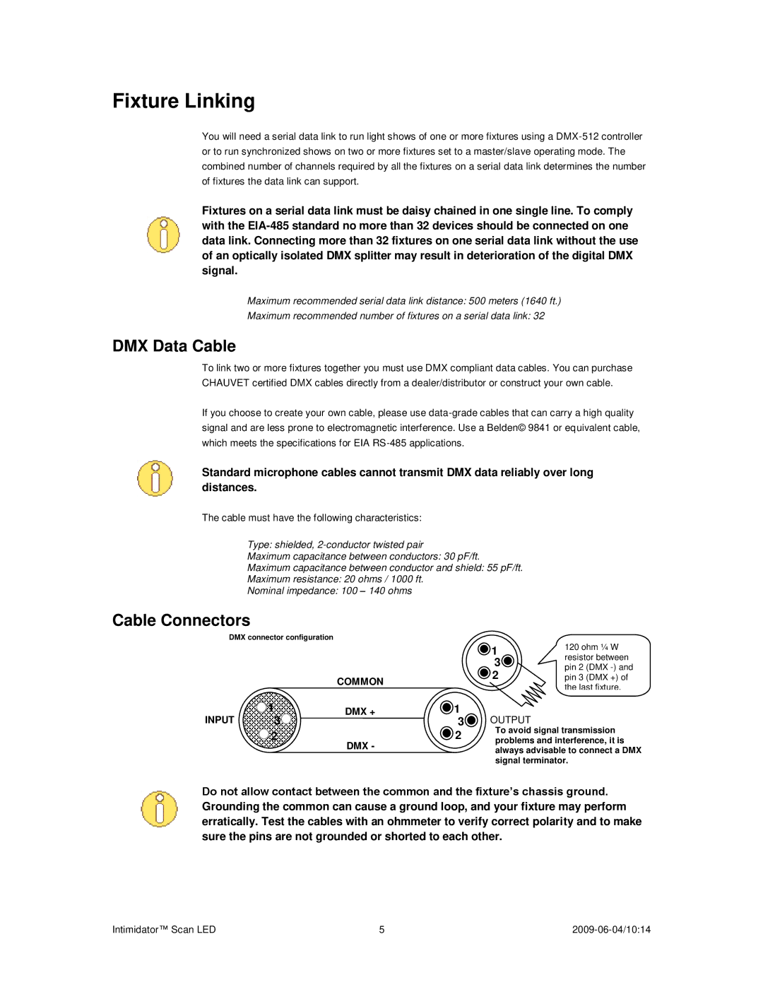 Chauvet 10:14, a 2009-06-04 user manual Fixture Linking, DMX Data Cable, Cable Connectors 