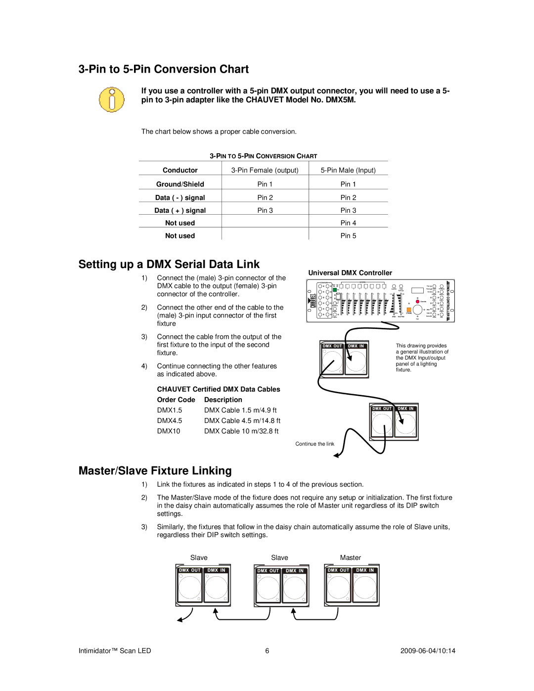 Chauvet a 2009-06-04, 10:14 Pin to 5-Pin Conversion Chart, Setting up a DMX Serial Data Link, Master/Slave Fixture Linking 