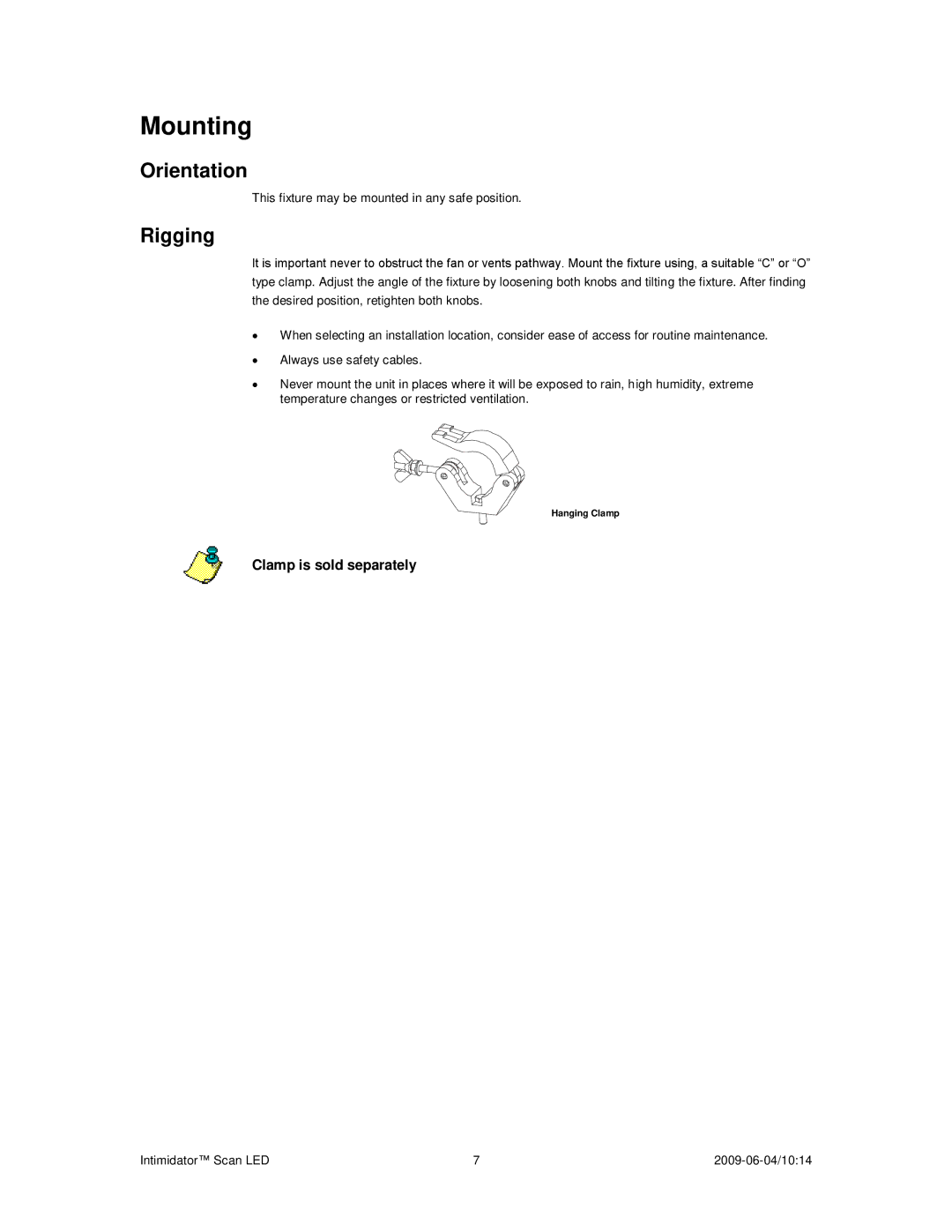 Chauvet 10:14, a 2009-06-04 user manual Mounting, Orientation, Rigging 