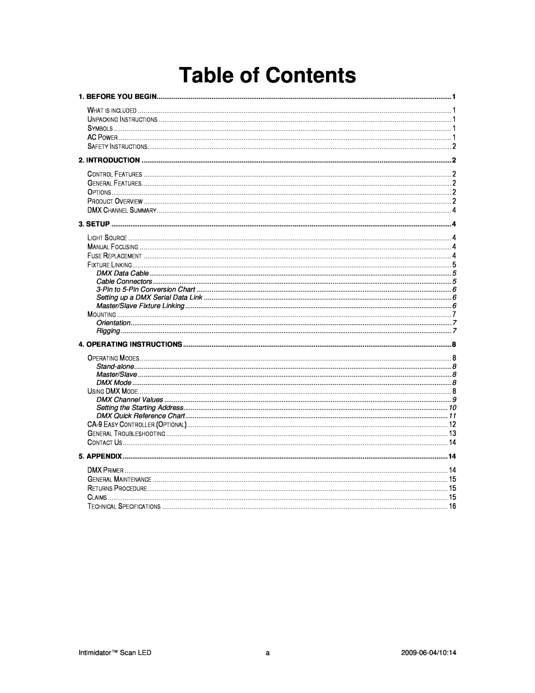 Chauvet a 2009-06-04, 10:14 user manual Table of Contents 