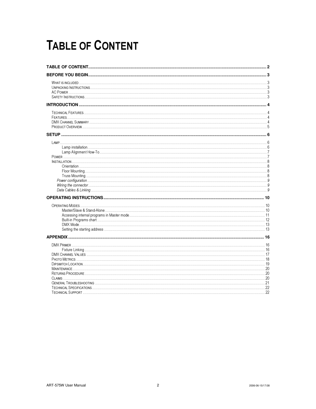 Chauvet ART-575W user manual Table of Content, Setup 