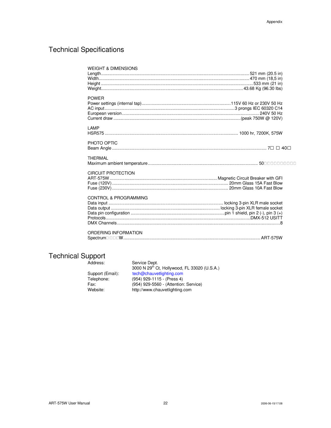 Chauvet ART-575W user manual Technical Specifications, Technical Support 