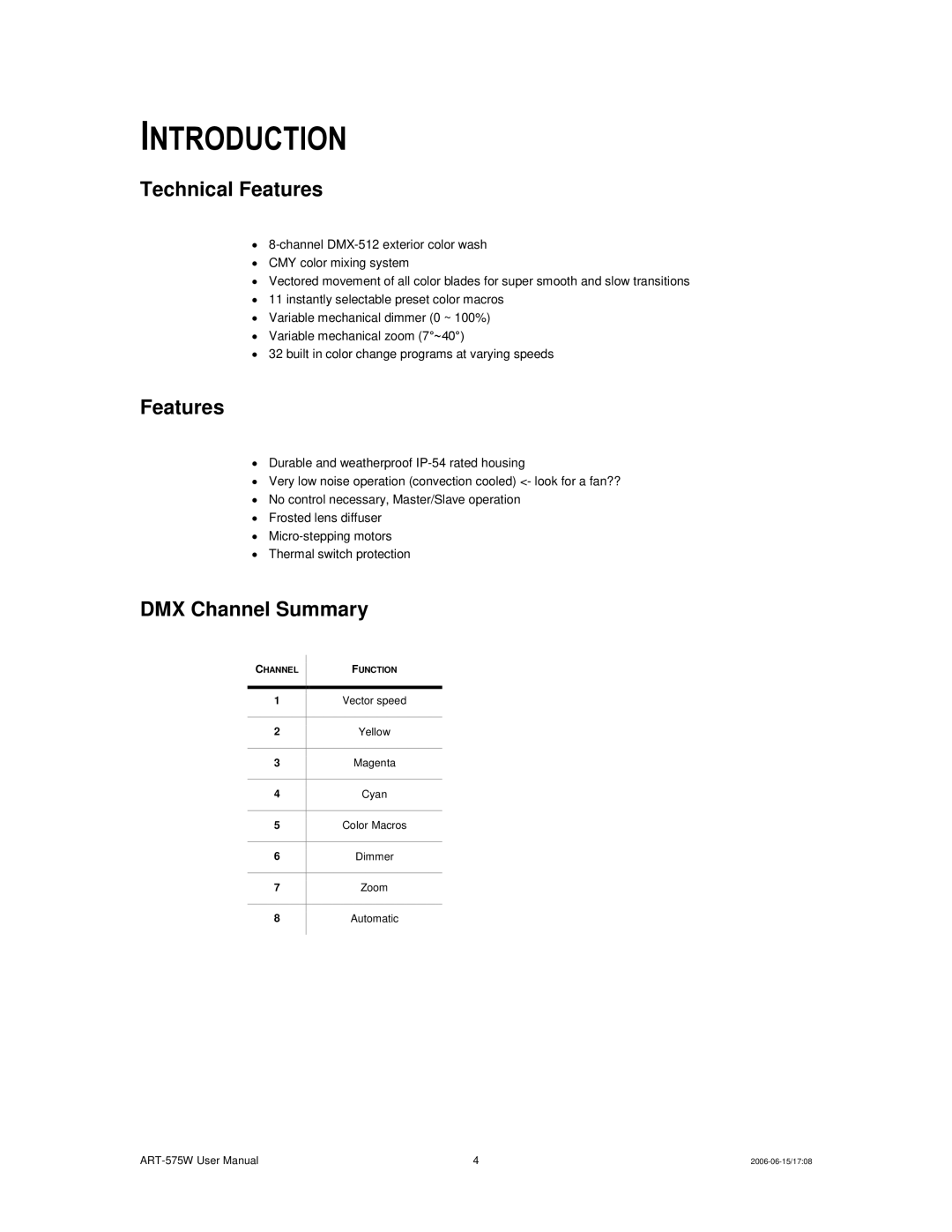 Chauvet ART-575W user manual Introduction, Technical Features, DMX Channel Summary 