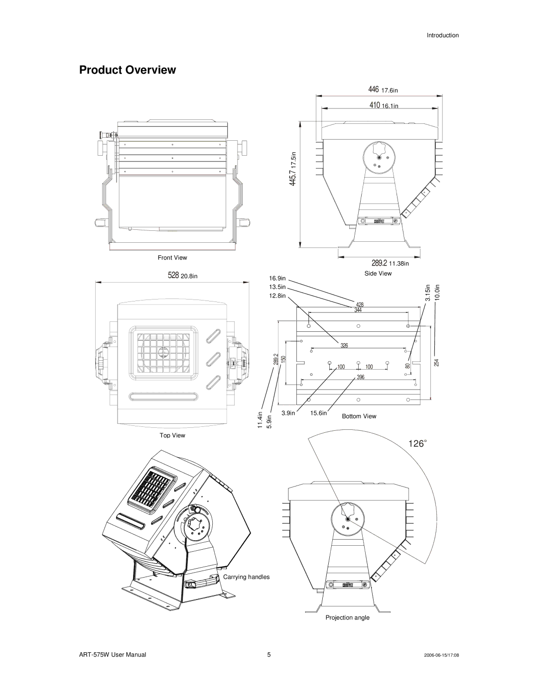 Chauvet ART-575W user manual Product Overview, 445.7 17.5in 