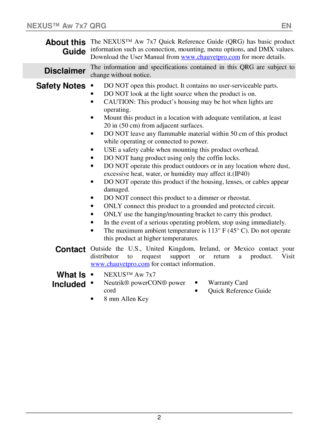 Chauvet Aw 7x7 manual Disclaimer Safety Notes Contact What Is Included 