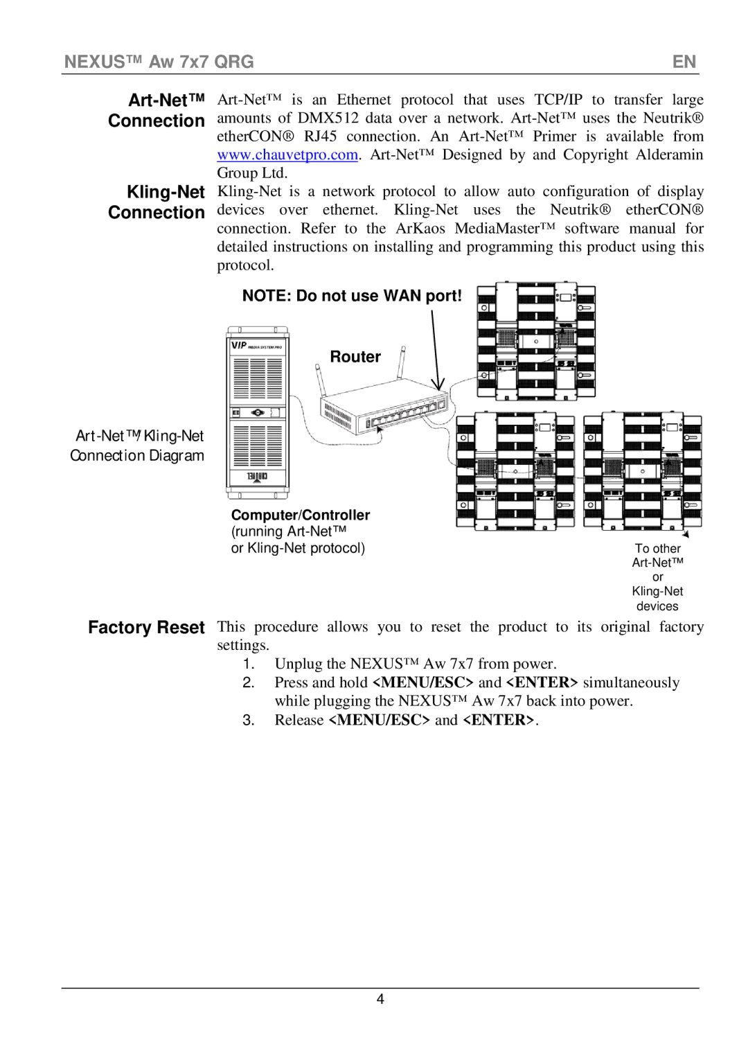 Chauvet Aw 7x7 manual Art-Net Connection Kling-Net, Computer/Controller 