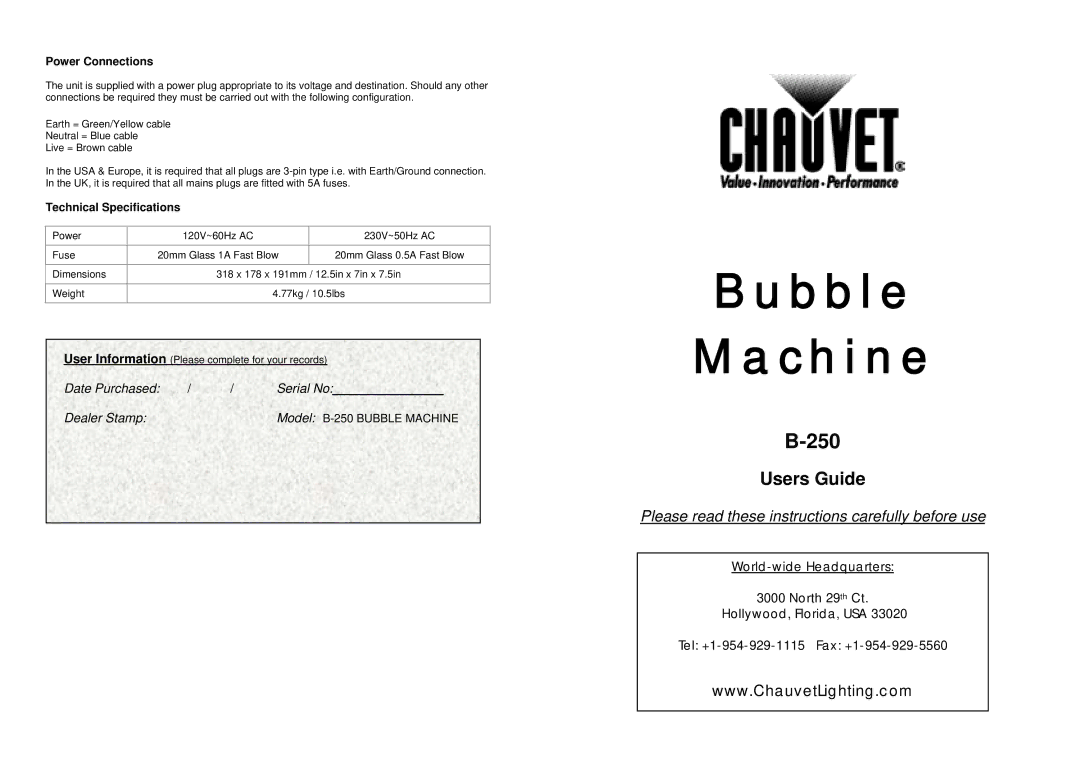 Chauvet B-250 technical specifications Power Connections, Technical Specifications 