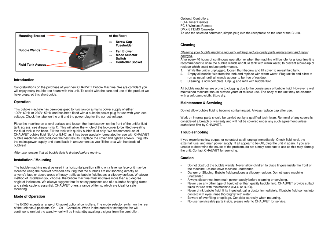 Chauvet B-250 Introduction, Installation / Mounting, Mode of Operation, Cleaning, Maintenance & Servicing 