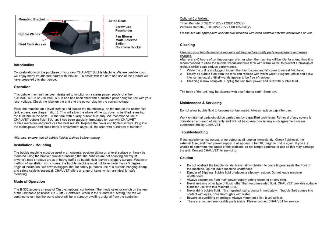 Chauvet B-550 manual Introduction, Installation / Mounting, Mode of Operation, Cleaning, Maintenance & Servicing 