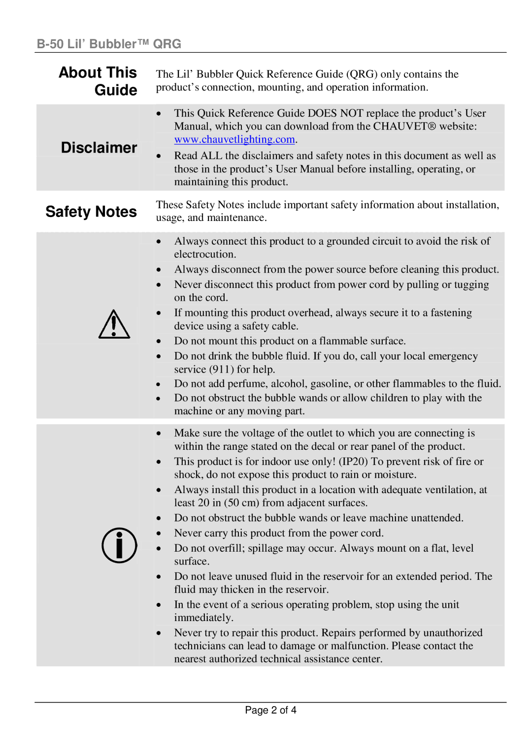 Chauvet b50 manual About This Guide Disclaimer, Safety Notes 