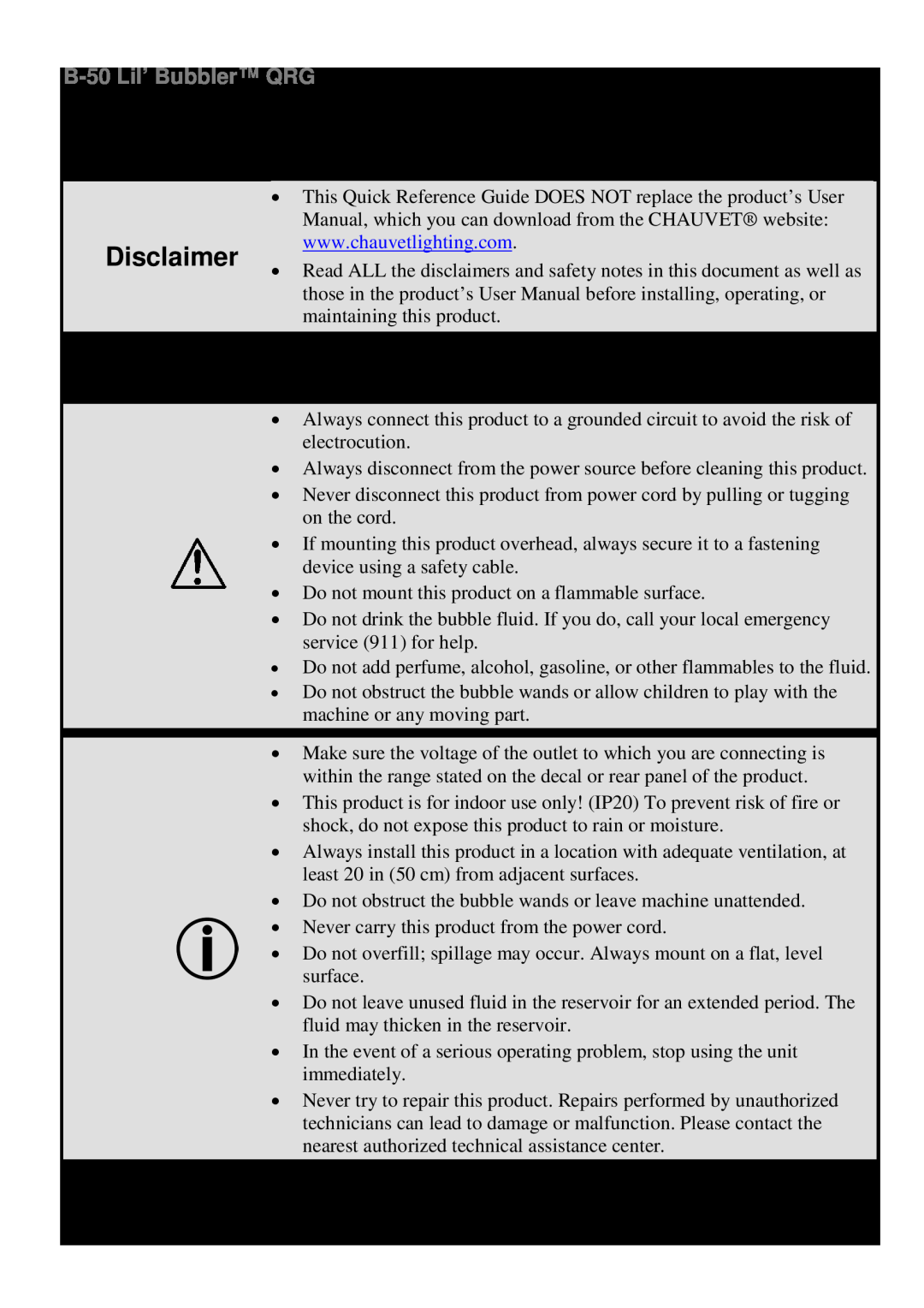 Chauvet b50 manual About This Guide Disclaimer, Safety Notes, B-50 Lil’ Bubbler QRG 