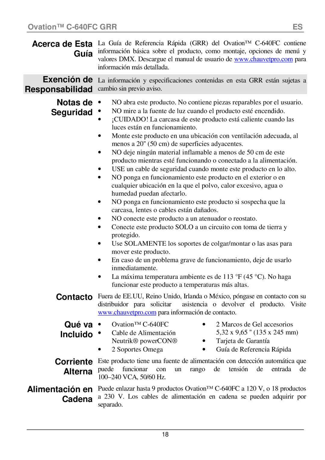 Chauvet C-640FC manual Contacto, Qué va ∙, Incluido, Corriente Alterna, Exención de Responsabilidad 