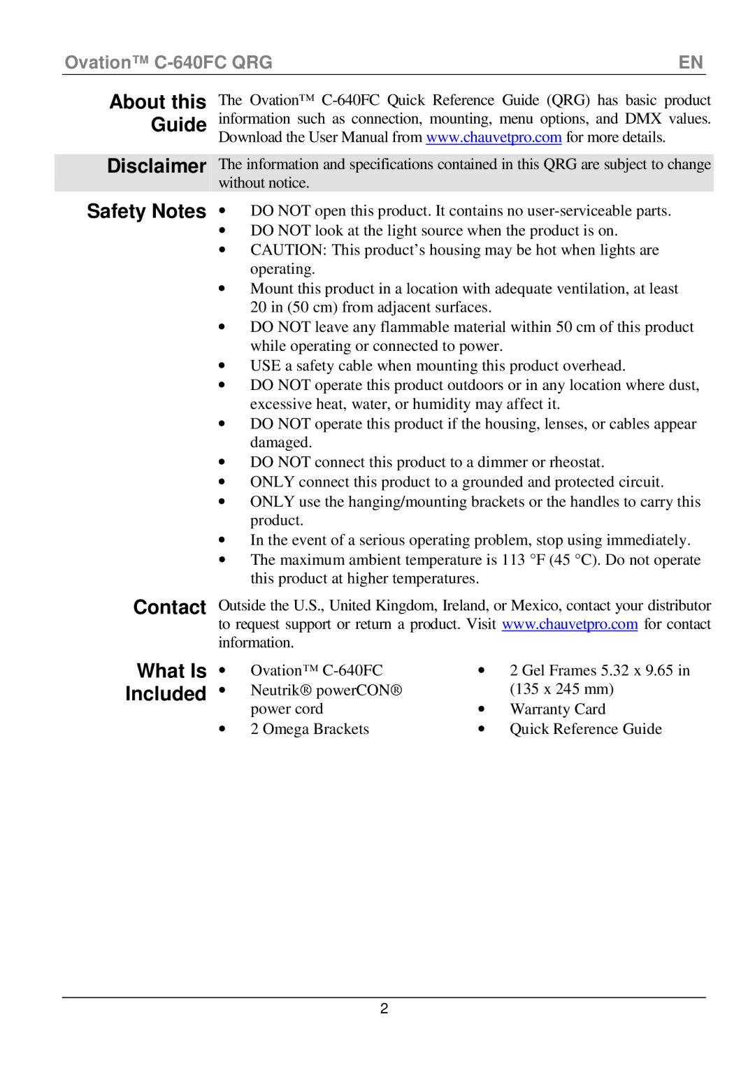 Chauvet C-640FC manual Disclaimer Safety Notes, Contact, What Is, Included 