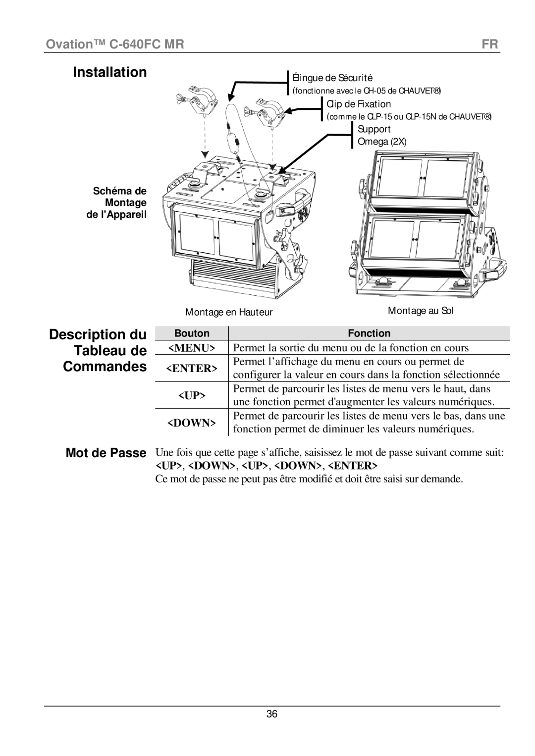 Chauvet C-640FC manual Installation, Description du Tableau de Commandes, Schéma de Montage de lAppareil, Fonction, Bouton 