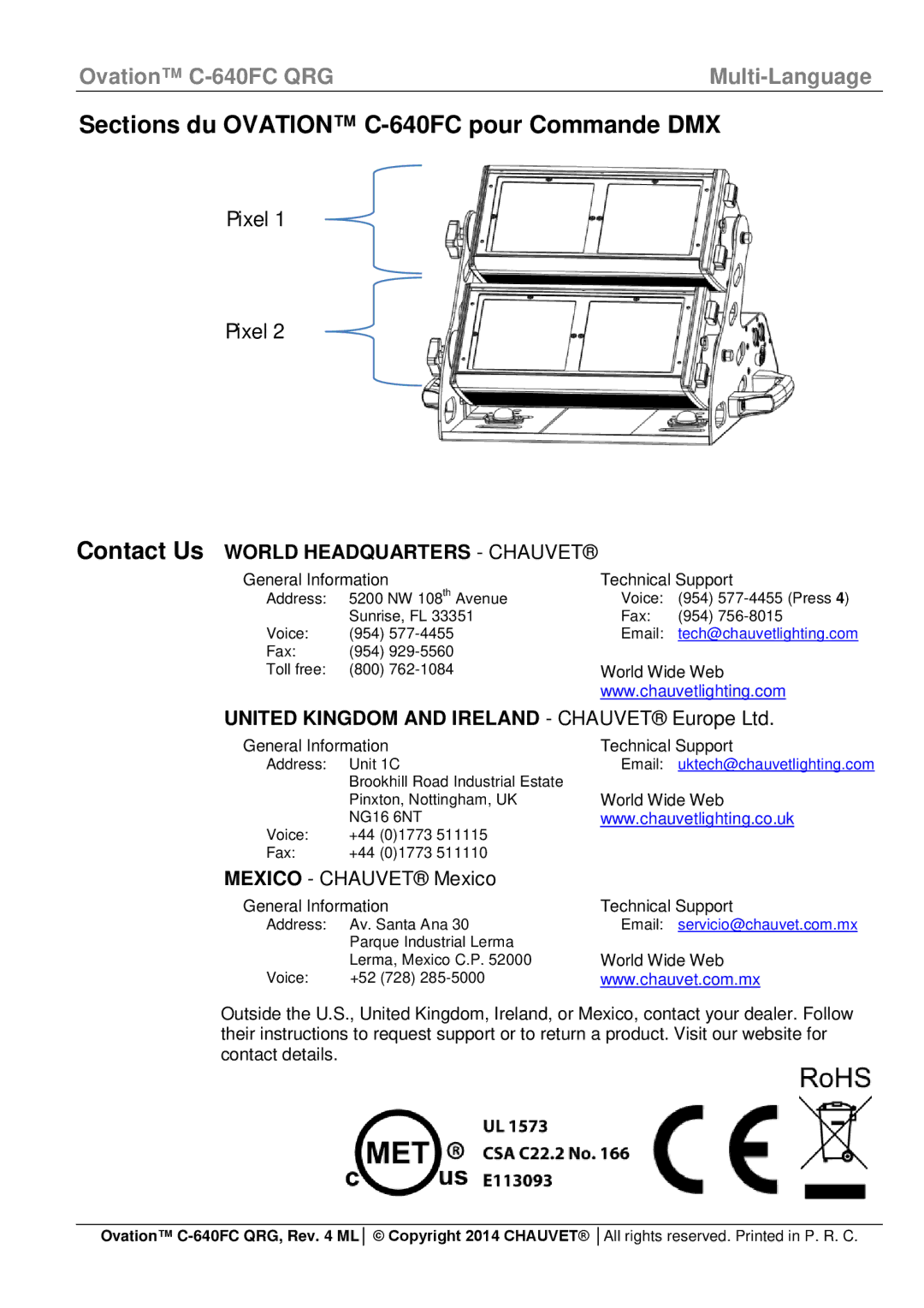 Chauvet manual Sections du Ovation C-640FC pour Commande DMX, Contact Us World Headquarters Chauvet 