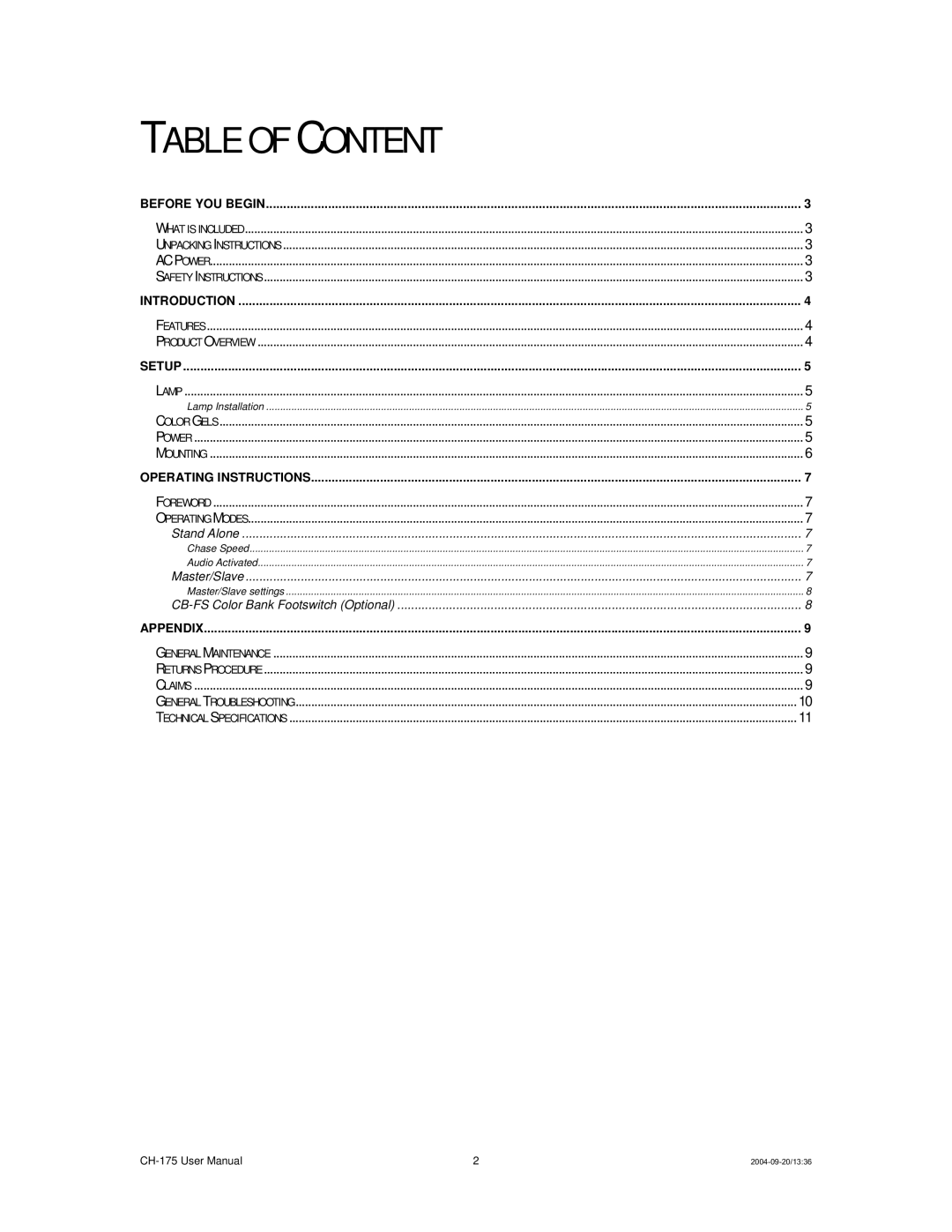 Chauvet CH-175 user manual Table of Content 