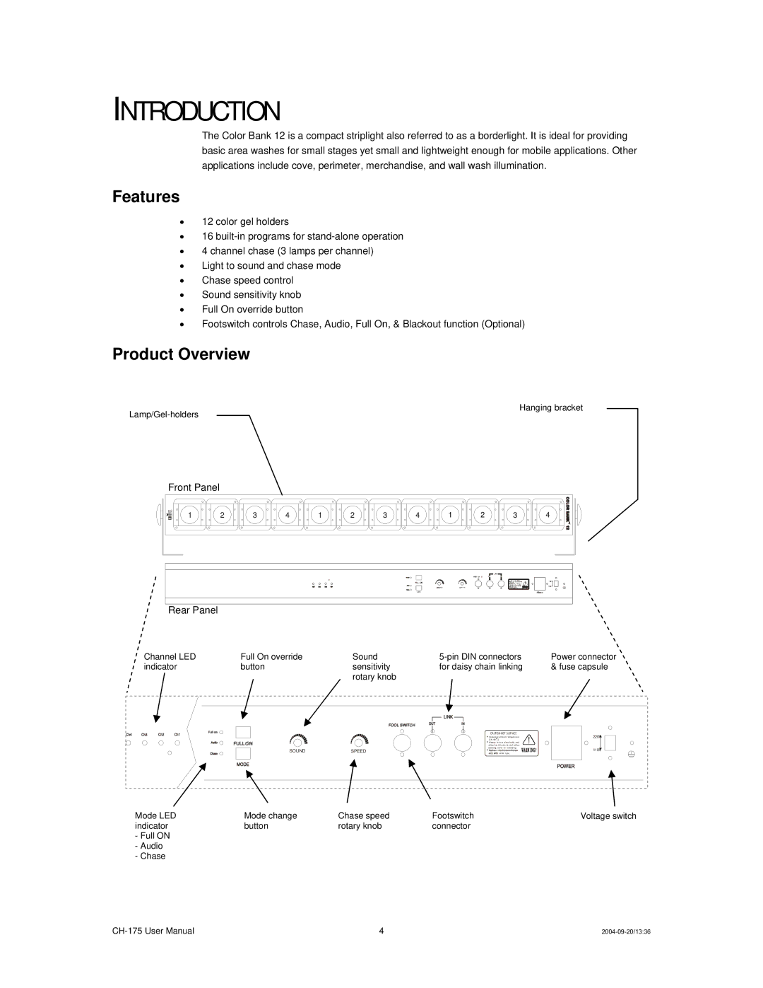 Chauvet CH-175 user manual Introduction, Features, Product Overview 