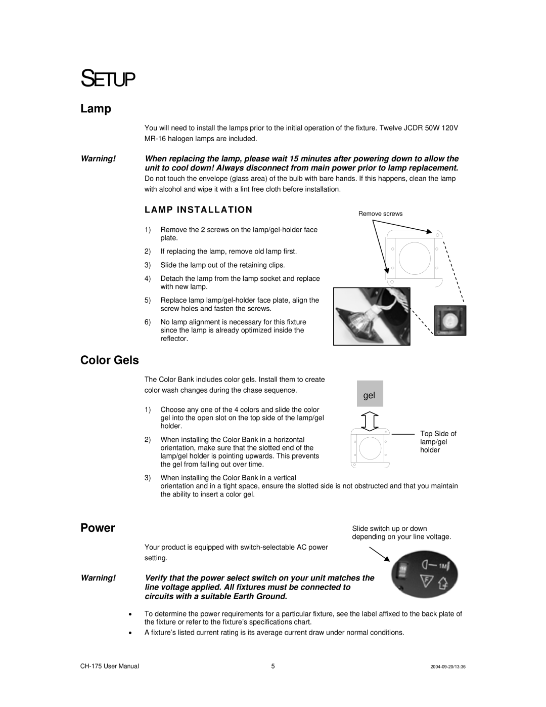 Chauvet CH-175 user manual Setup, Color Gels, Power, Lamp Installation 