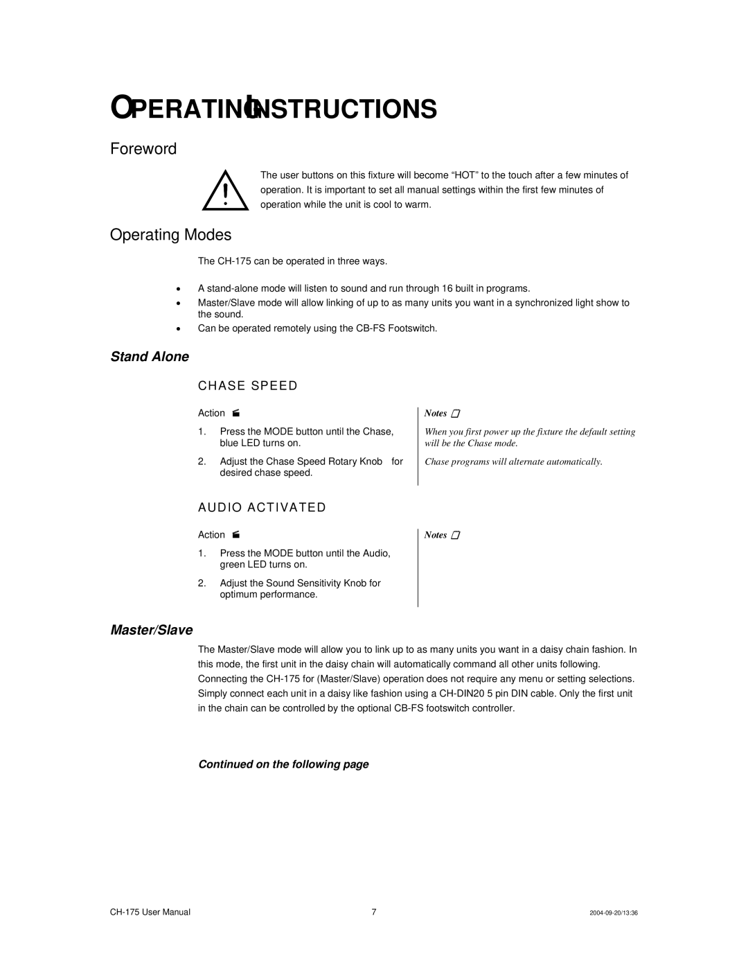 Chauvet CH-175 user manual Operating Instructions, Foreword, Operating Modes, Chase Speed, Audio Activated 