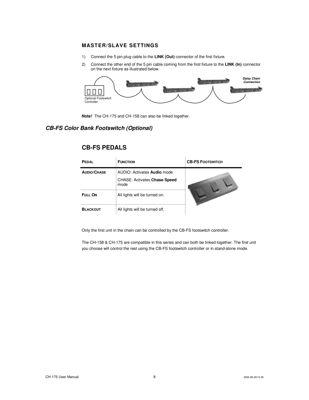 Chauvet CH-175 user manual CB-FS Pedals, MASTER/SLAVE Settings 