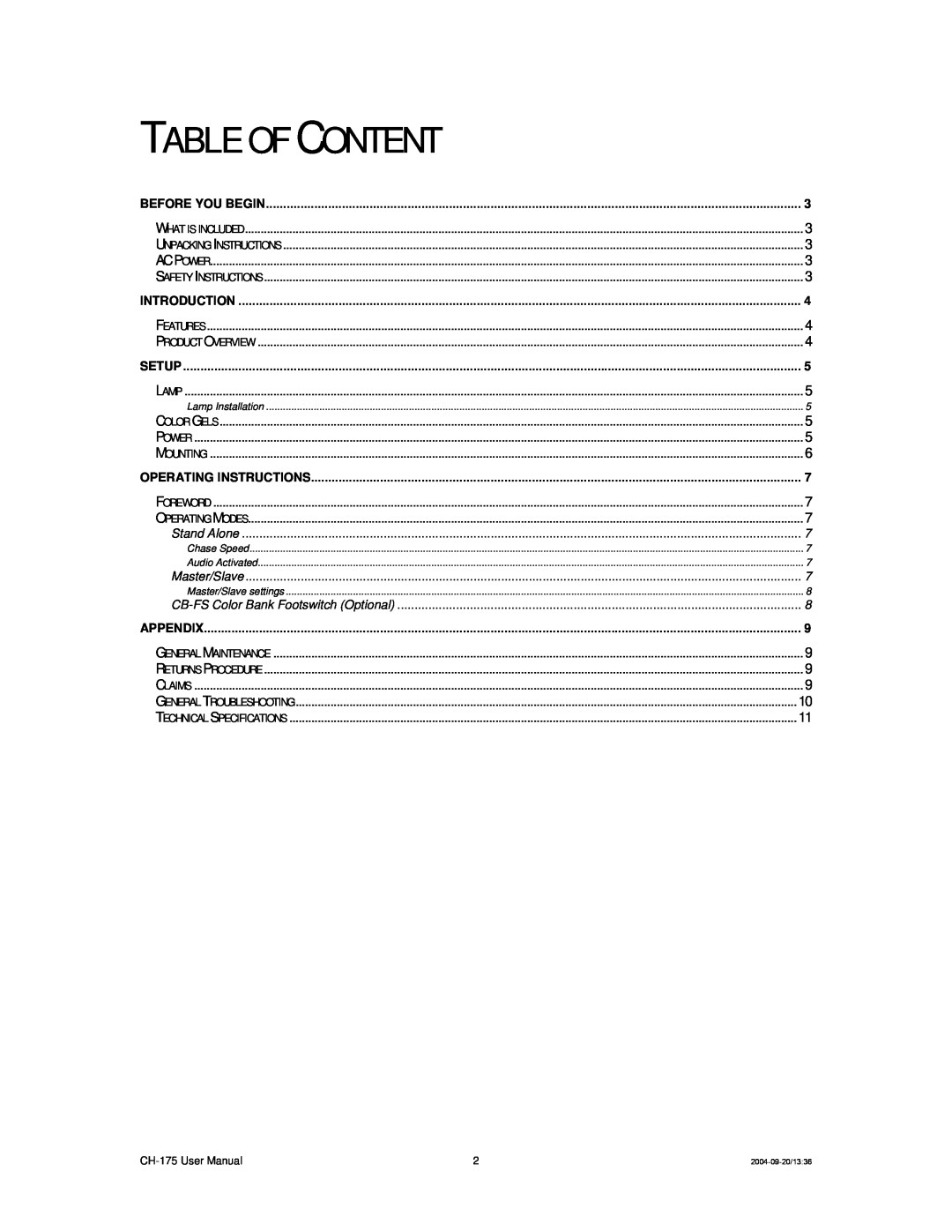 Chauvet CH-175 user manual Table Of Content, Before You Begin 