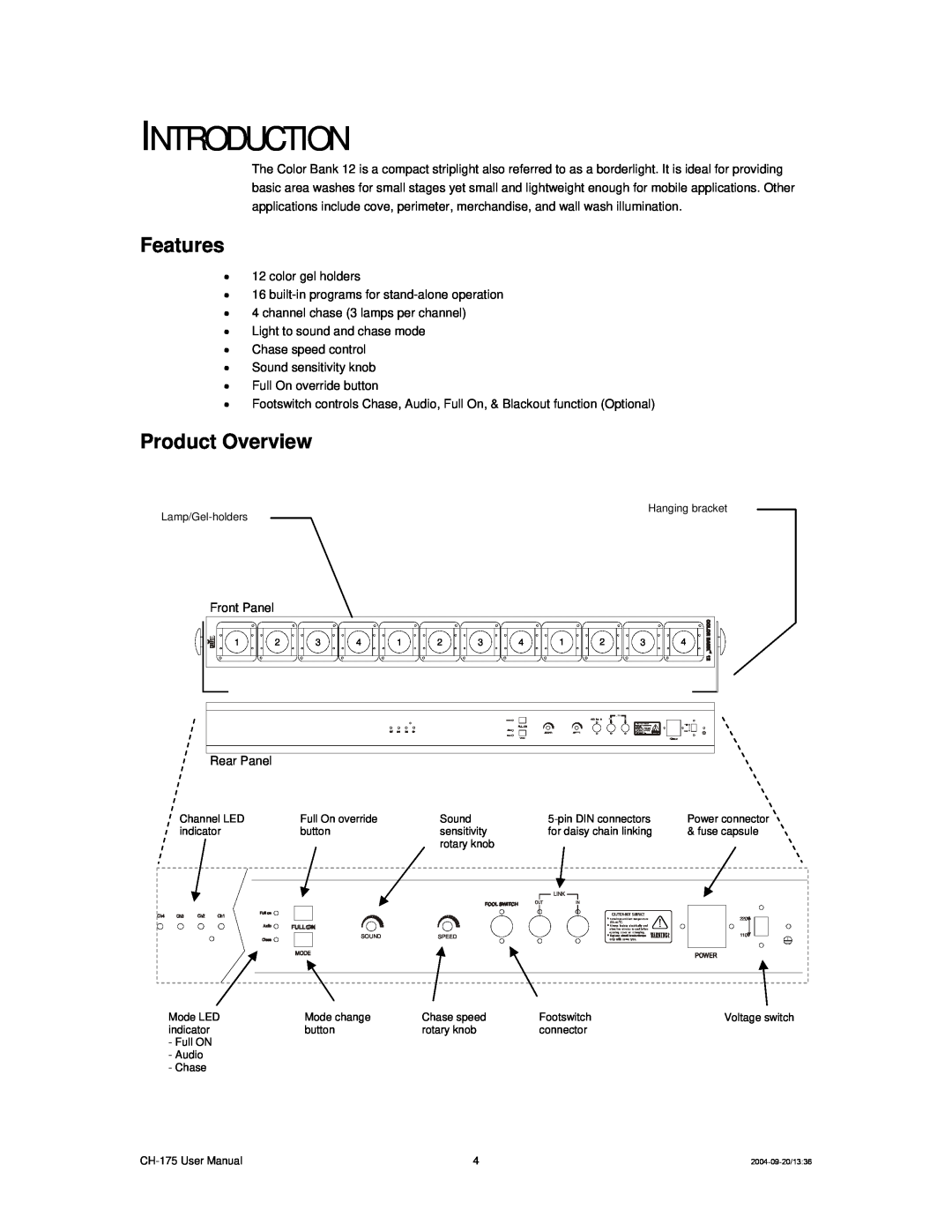 Chauvet CH-175 user manual Introduction, Features, Product Overview 