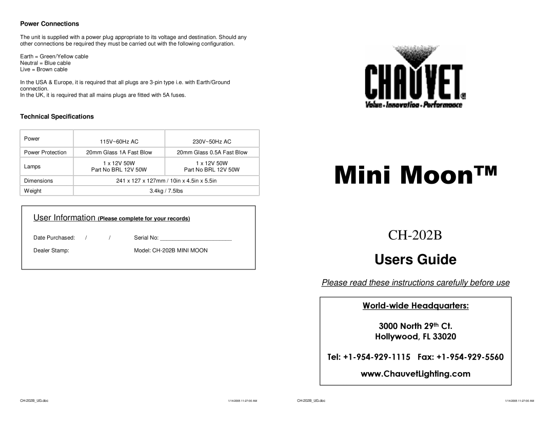 Chauvet CH-202B technical specifications Power Connections, Technical Specifications 