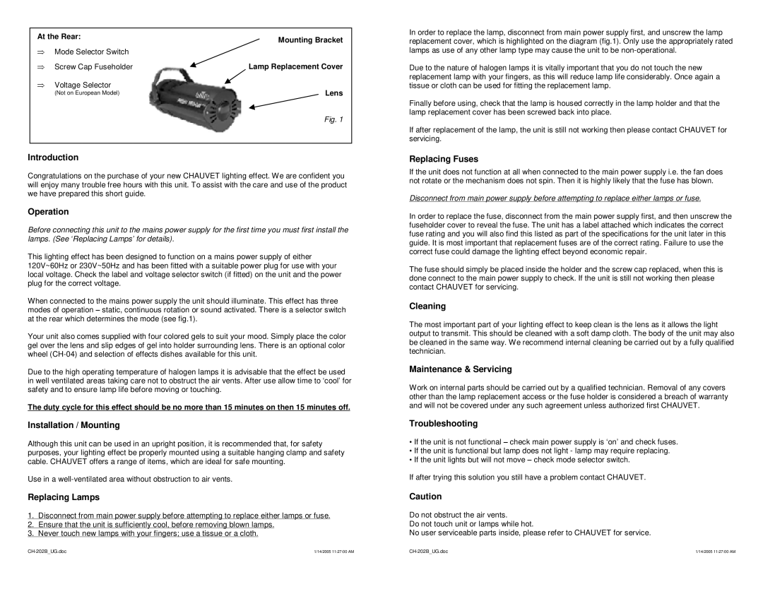 Chauvet CH-202B Introduction, Operation, Installation / Mounting, Replacing Lamps, Replacing Fuses, Cleaning 