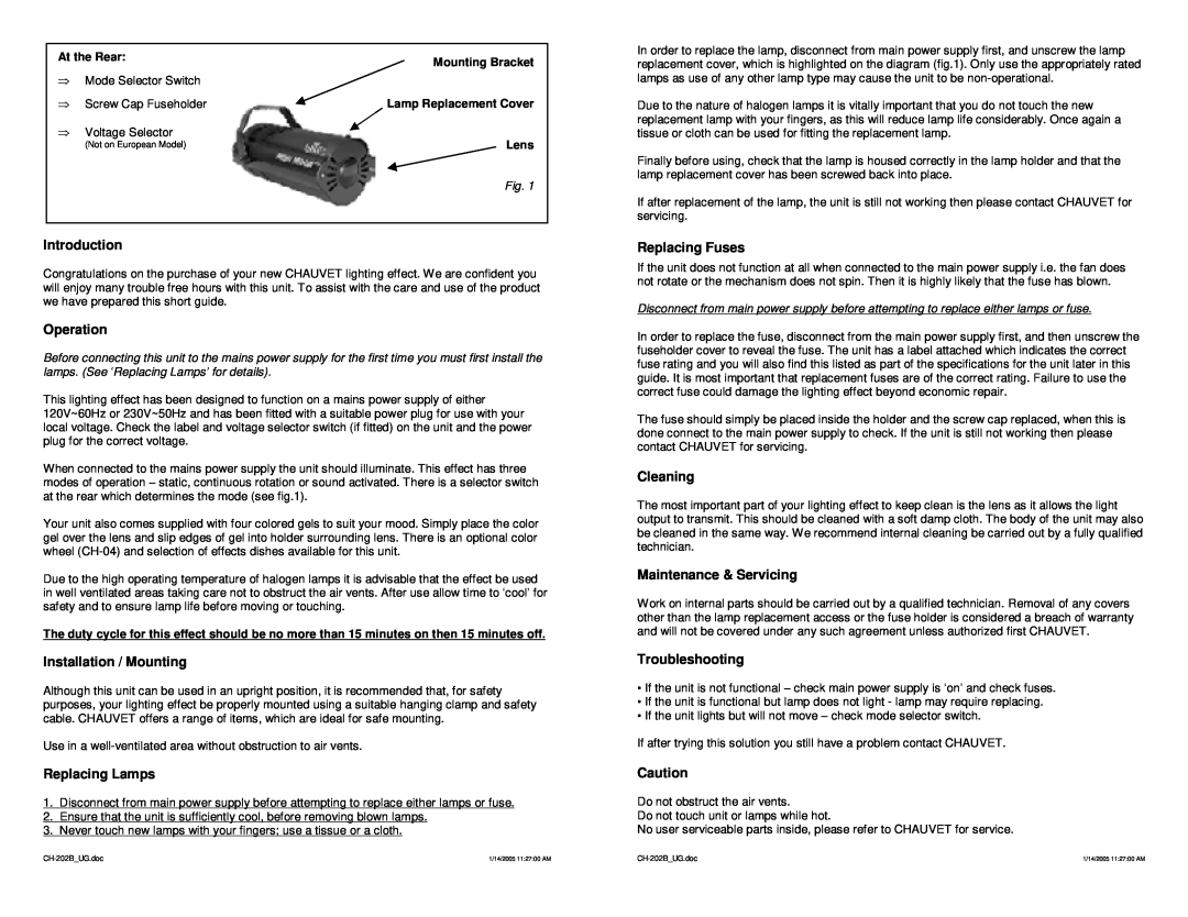 Chauvet CH-202B Introduction, Operation, Installation / Mounting, Replacing Lamps, Replacing Fuses, Cleaning, At the Rear 
