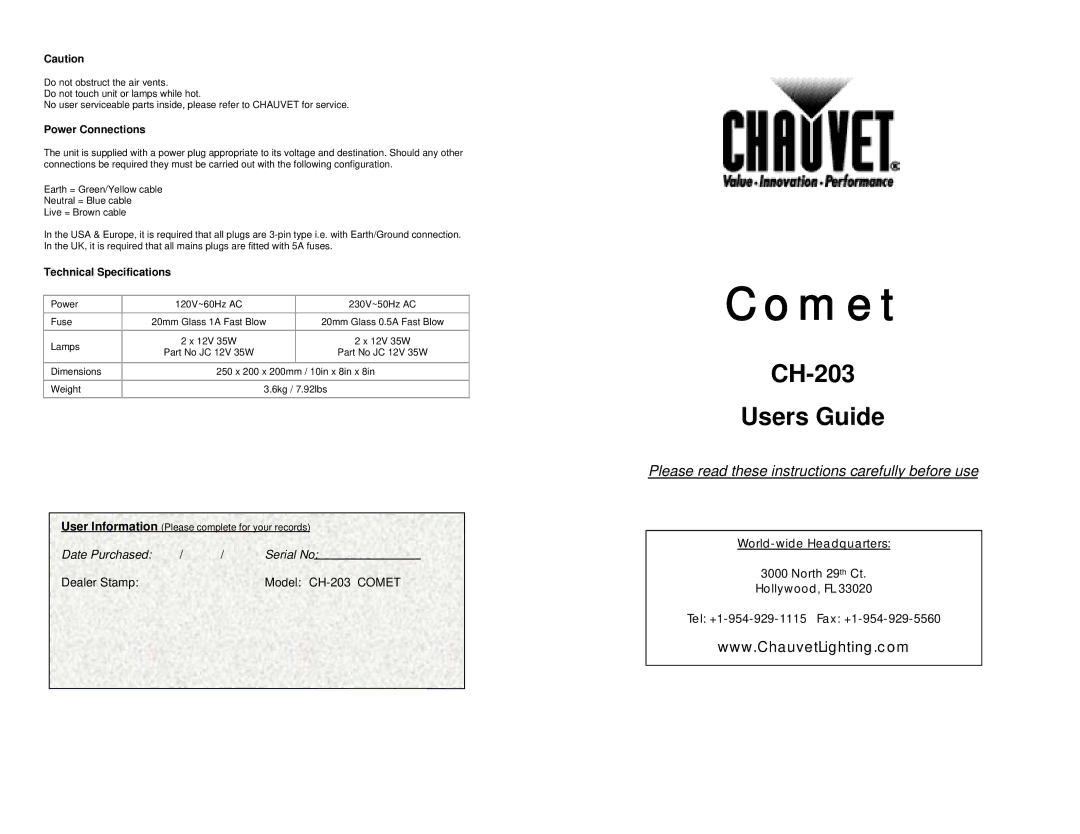 Chauvet CH-203 technical specifications Power Connections, Technical Specifications 