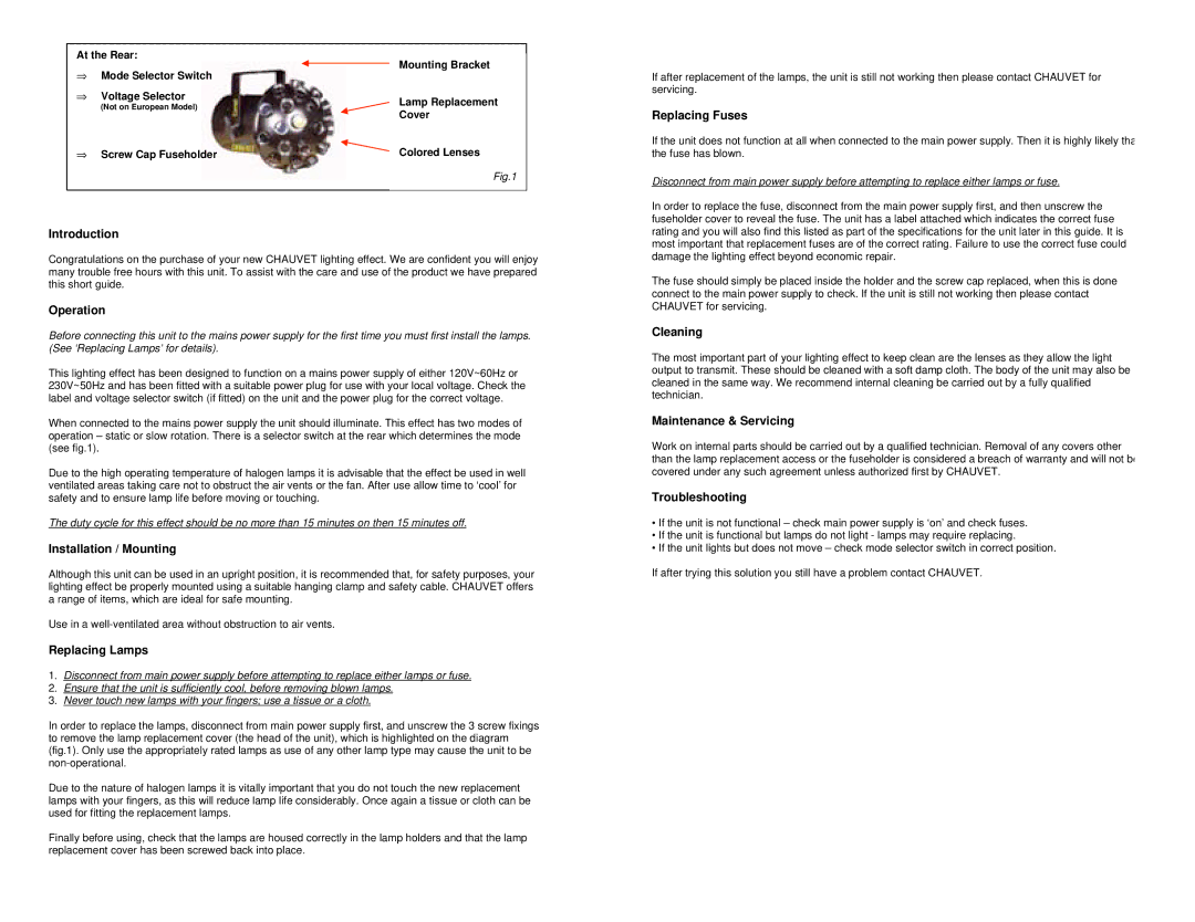 Chauvet CH-203 Introduction, Operation, Installation / Mounting, Replacing Lamps, Replacing Fuses, Cleaning 