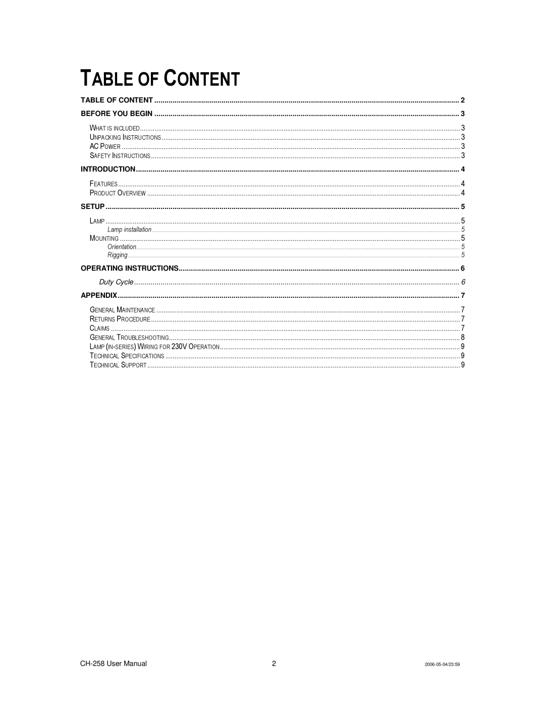 Chauvet Ch 258 user manual Table of Content, Appendix 