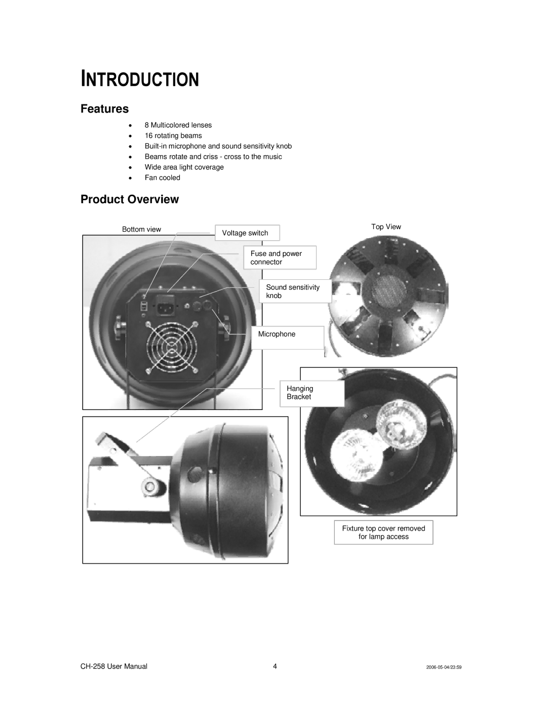 Chauvet Ch 258 user manual Introduction, Features, Product Overview 