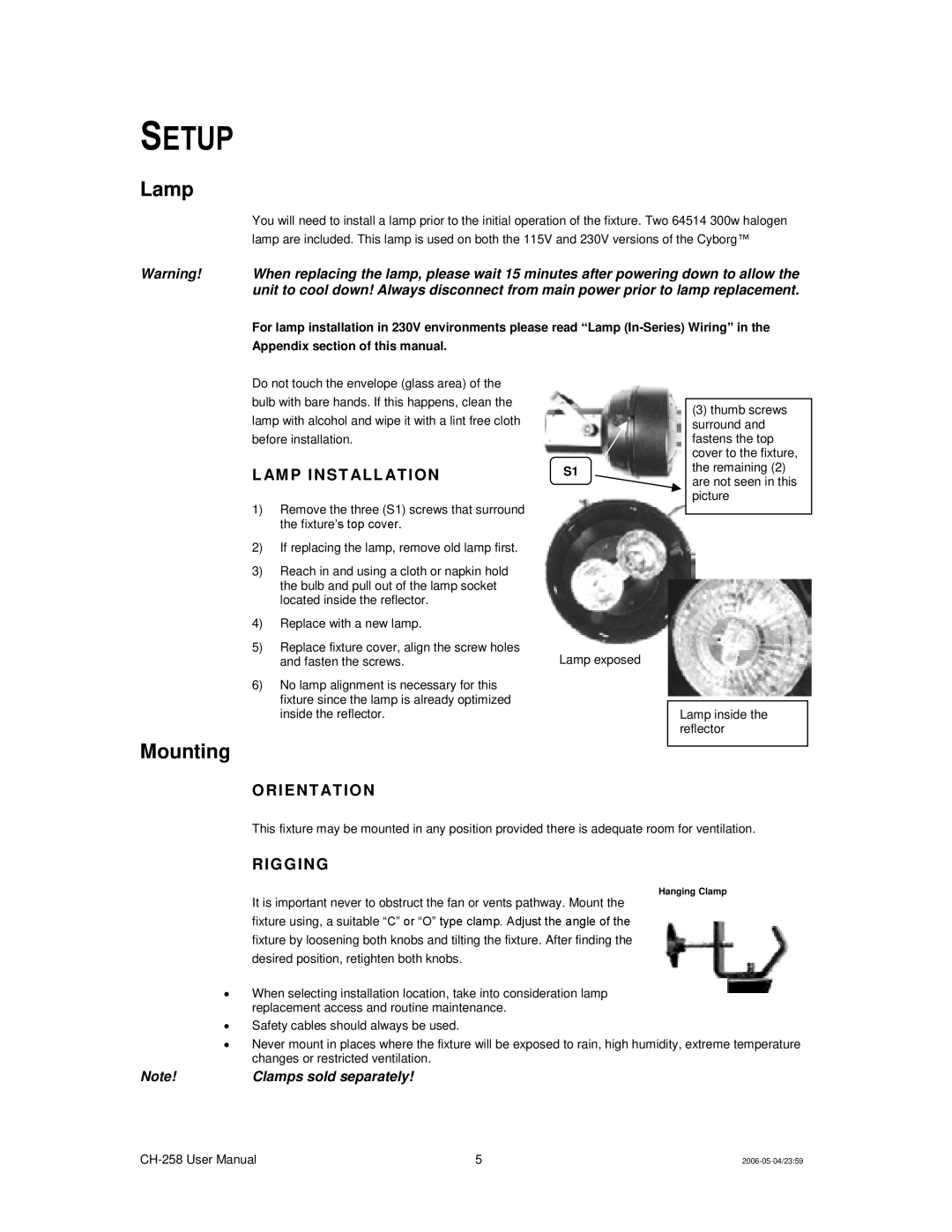 Chauvet Ch 258 user manual Setup, Lamp, Mounting 