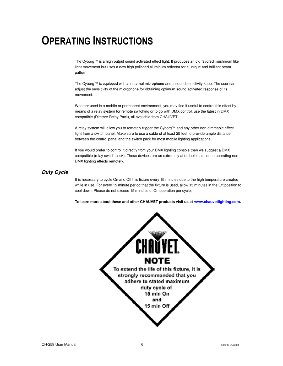 Chauvet Ch 258 user manual Operating Instructions, Duty Cycle 