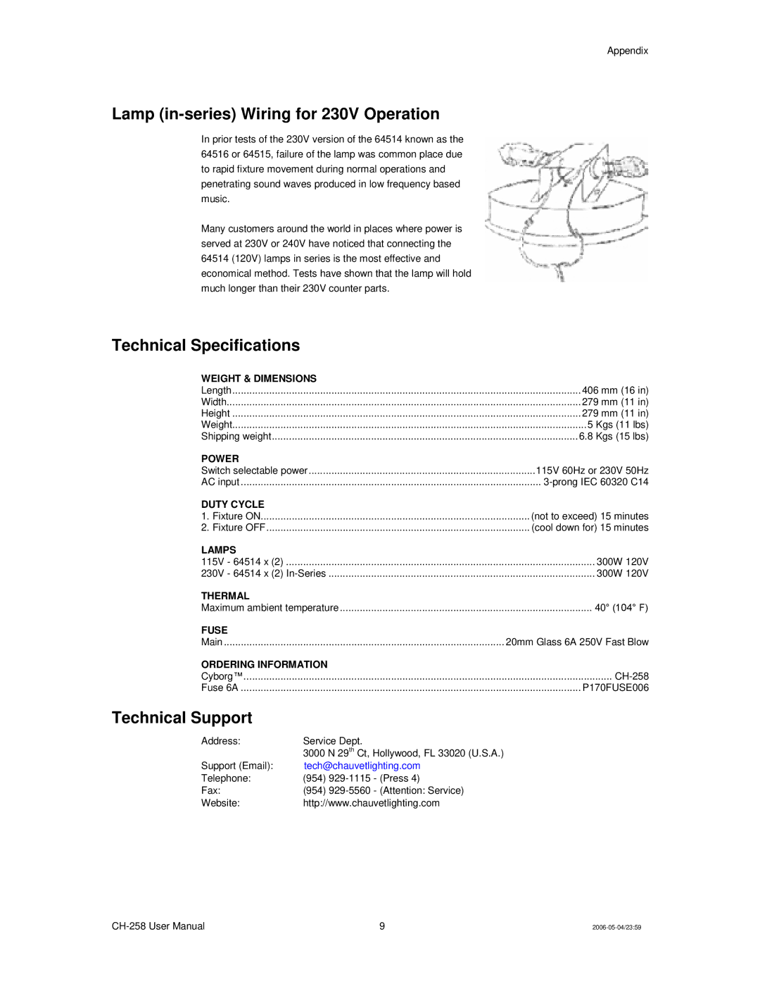 Chauvet Ch 258 user manual Lamp in-series Wiring for 230V Operation, Technical Specifications, Technical Support 