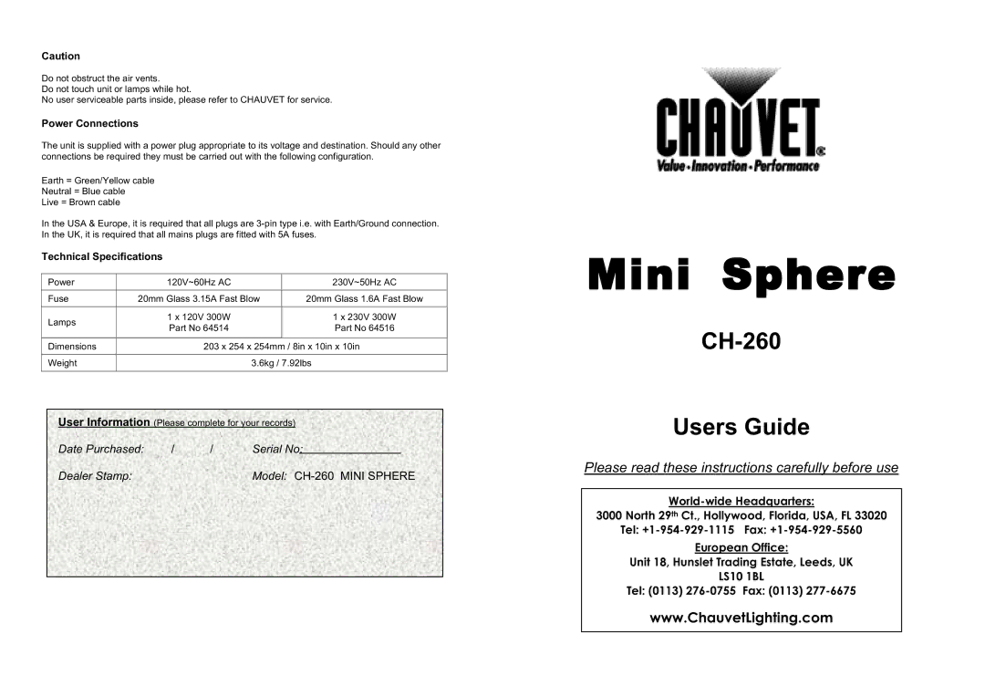 Chauvet CH-260 user service Power Connections, Technical Specifications 