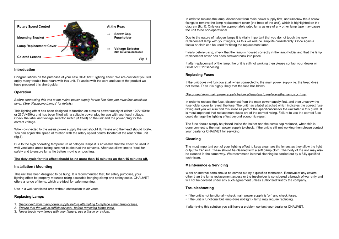 Chauvet CH-260 user service Introduction, Replacing Fuses, Operation, Installation / Mounting, Replacing Lamps, Cleaning 