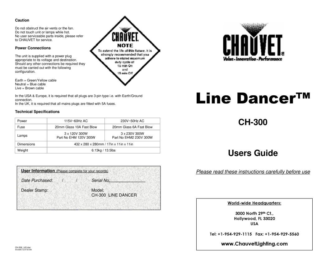 Chauvet Ch 300 user service Power Connections, Technical Specifications 