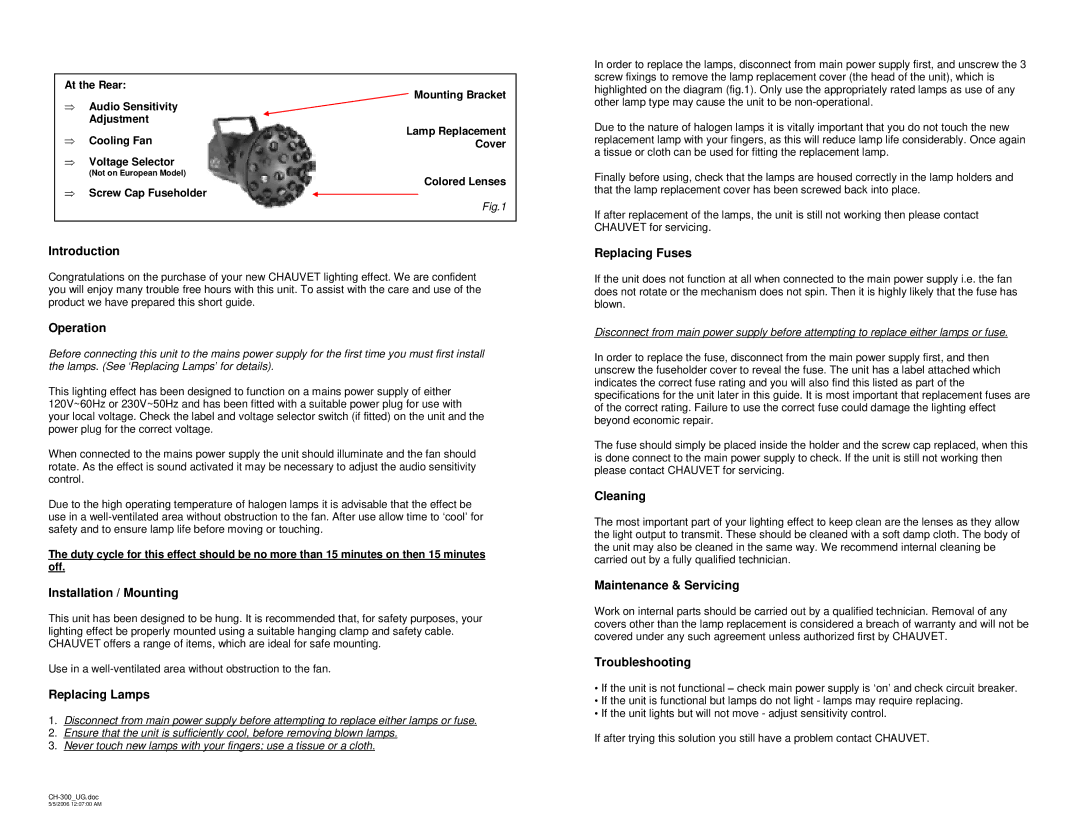 Chauvet Ch 300 user service Introduction, Operation, Installation / Mounting, Replacing Lamps, Replacing Fuses, Cleaning 