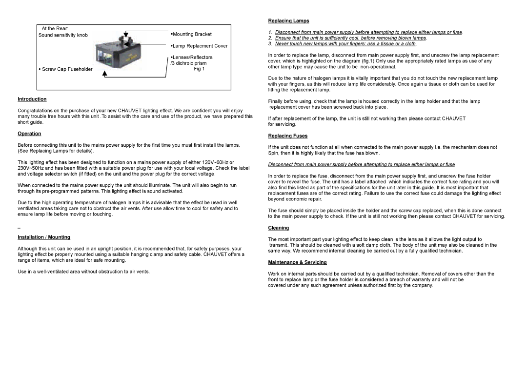 Chauvet CH-324 user service Replacing Lamps, Introduction, Operation, Installation / Mounting, Replacing Fuses, Cleaning 