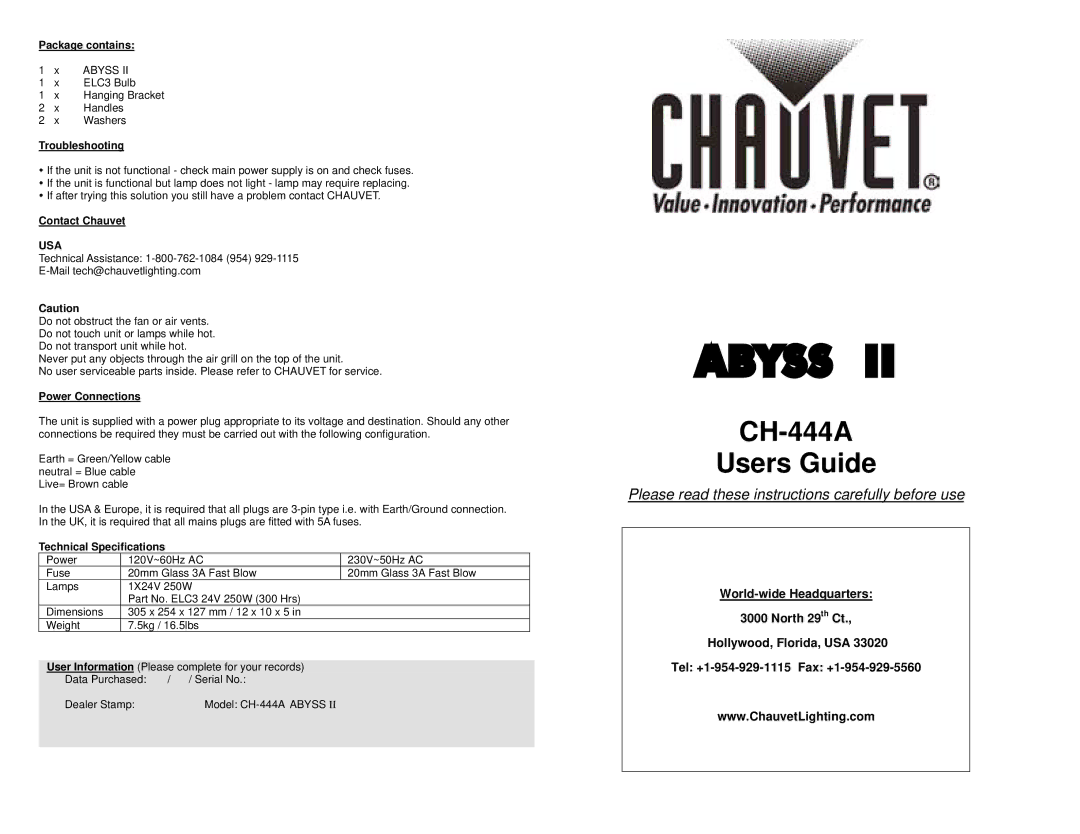 Chauvet CH-444A user service Package contains, Troubleshooting, Contact Chauvet, Power Connections 