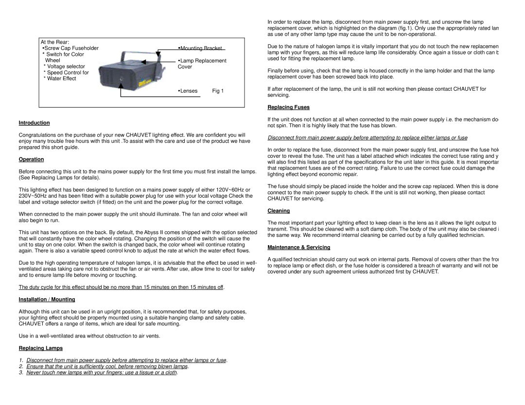 Chauvet CH-444A user service Introduction, Operation, Installation / Mounting, Replacing Lamps, Replacing Fuses, Cleaning 