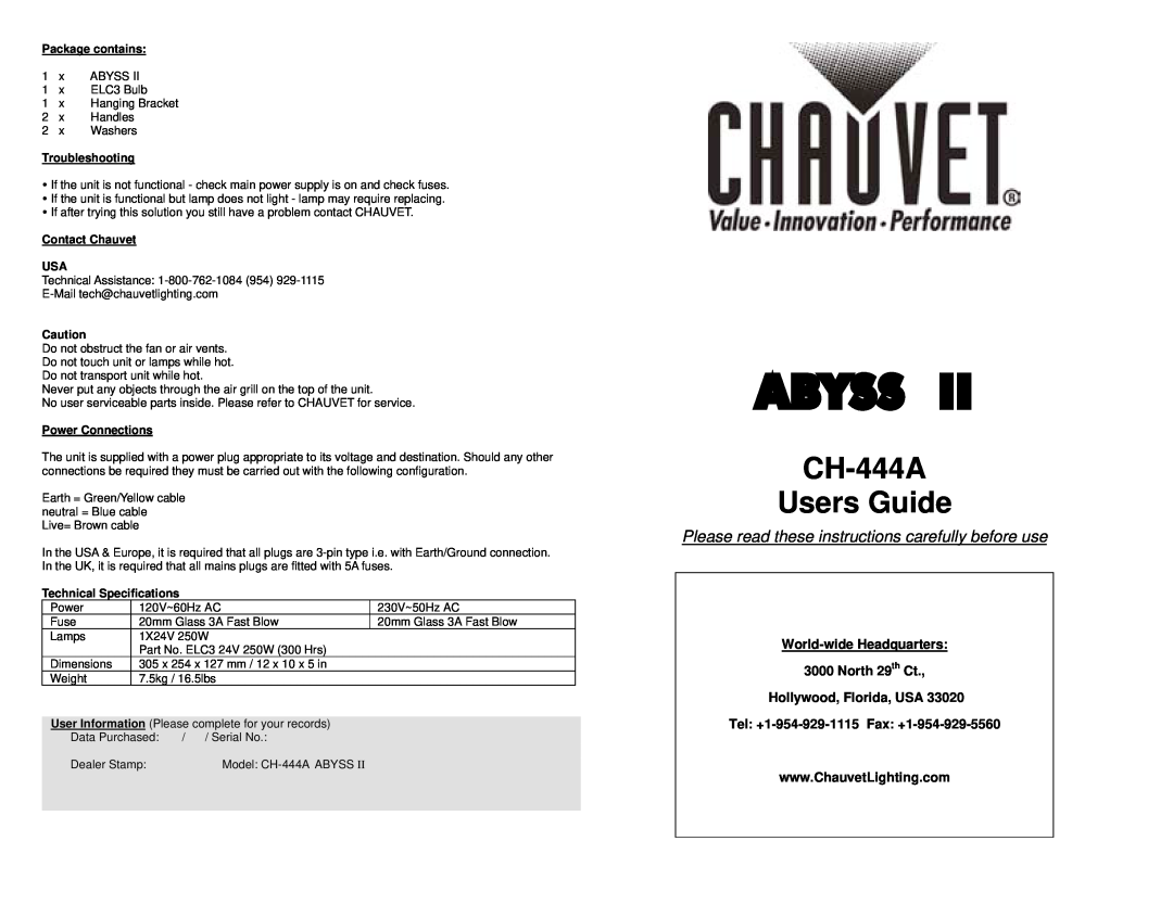 Chauvet CH-444A user service Package contains, Troubleshooting, Contact Chauvet USA, Power Connections, Abyss 