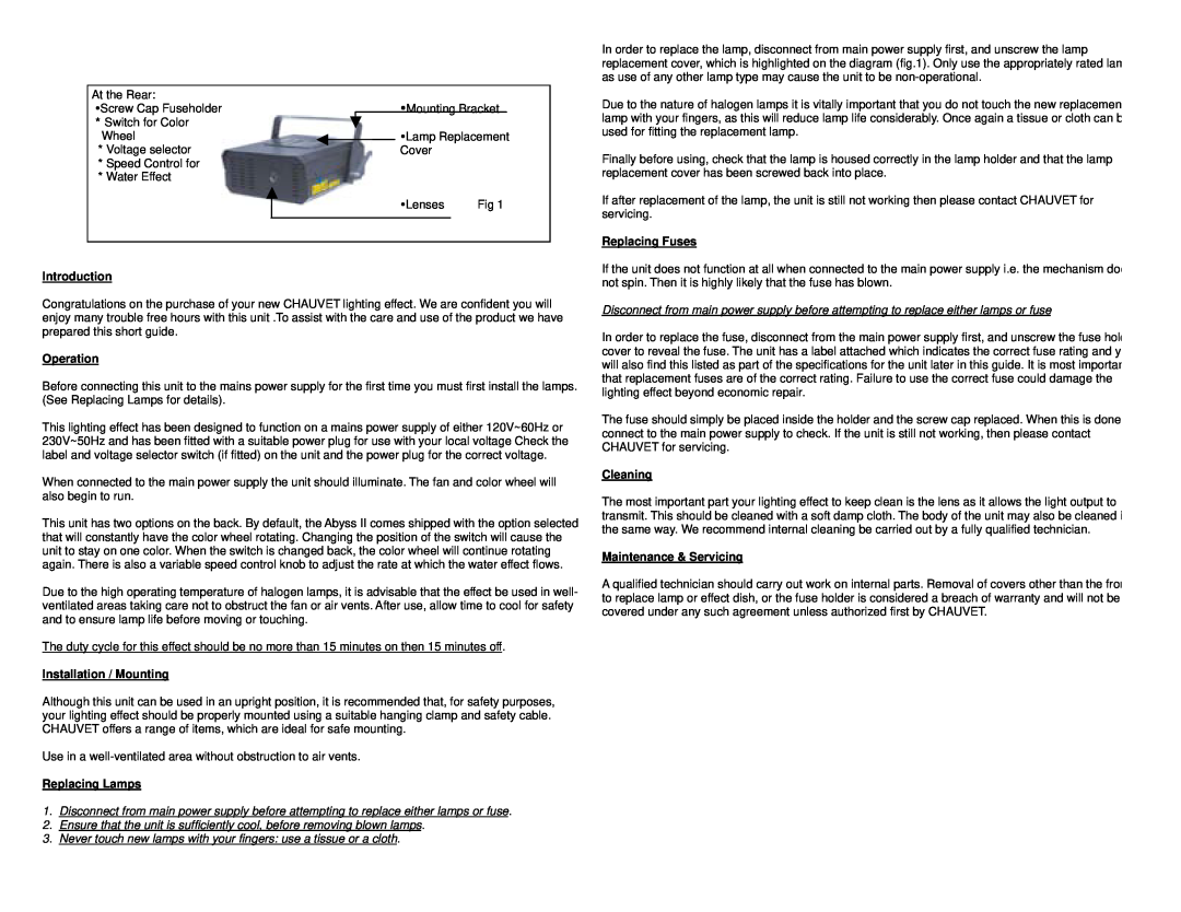 Chauvet CH-444A user service Introduction, Operation, Installation / Mounting, Replacing Lamps, Replacing Fuses, Cleaning 