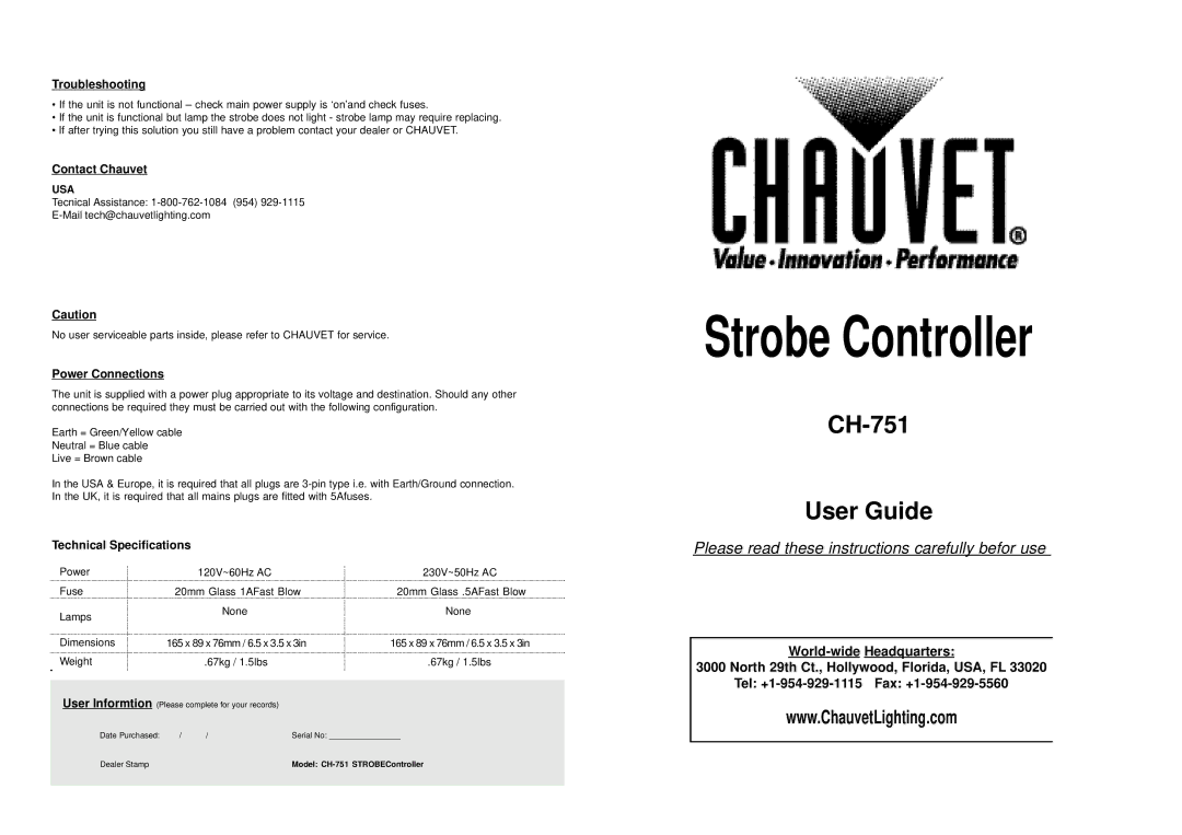 Chauvet CH-751 technical specifications Troubleshooting, Contact Chauvet, Power Connections, Technical Specifications 