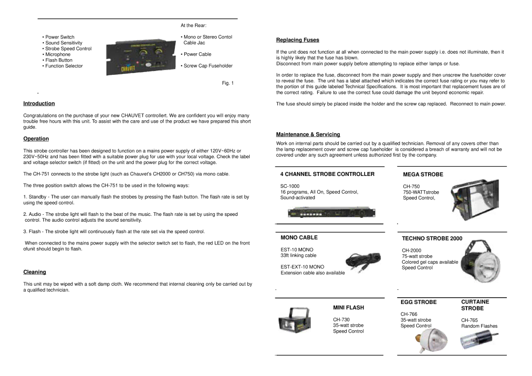 Chauvet CH-751 technical specifications Introduction, Operation, Replacing Fuses, Maintenance & Servicing, Cleaning 