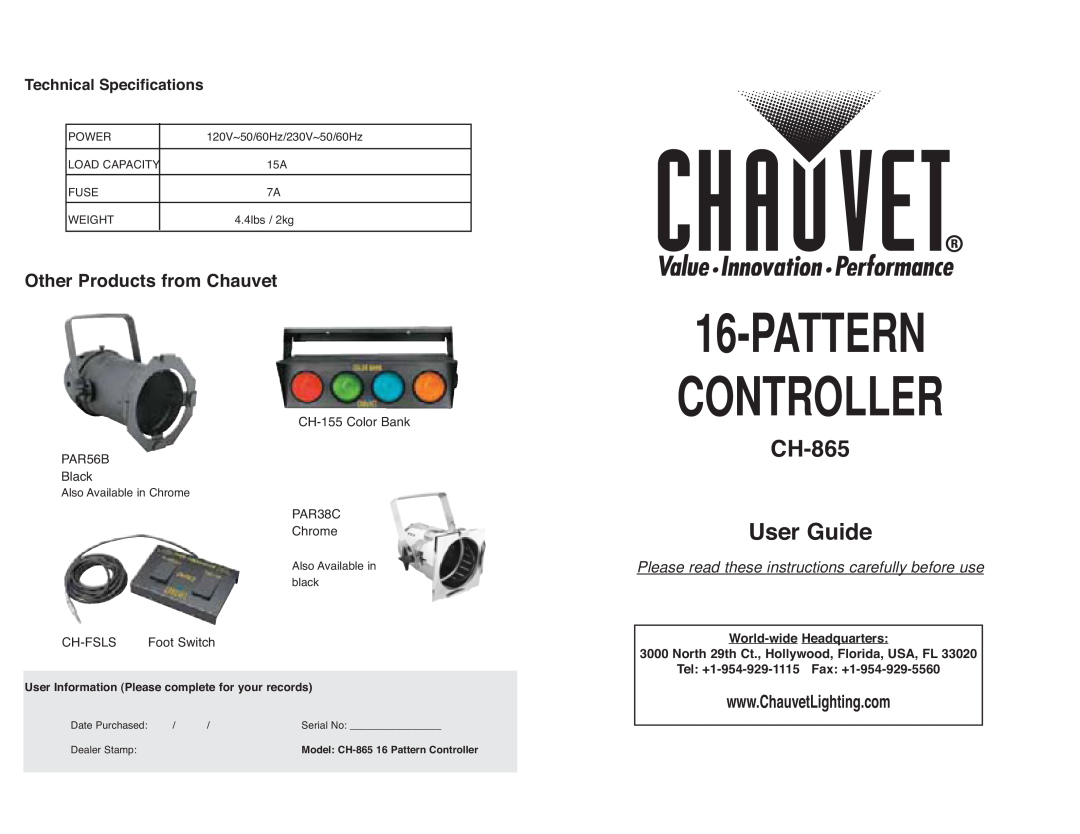 Chauvet CH-865 technical specifications Technical Specifications, CH-155Color Bank PAR56B Black, PAR38C Chrome, Ch-Fsls 